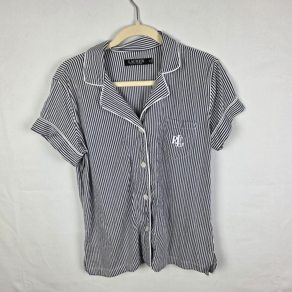 Lauren Ralph Lauren Womens Navy White Striped Monogram Pajama Top Medium